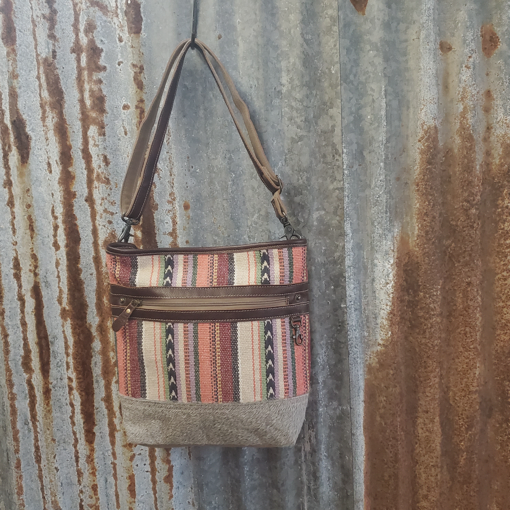 Tan Canvas Vertical Stripe Crossbody Front