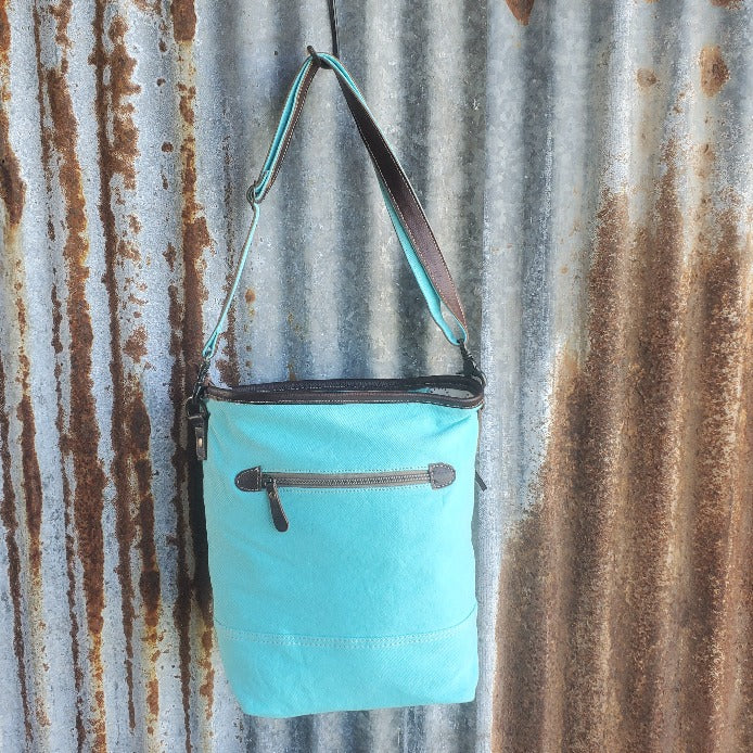 Seafoam Blue Dark Leather Cross Body Back